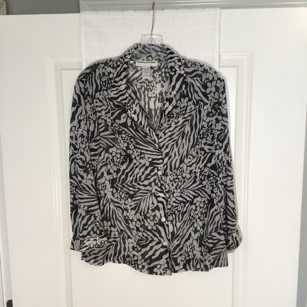 Cathy Daniels Ladies Sheer Animal Print Button Down Blouse Gray/ Black Size S
